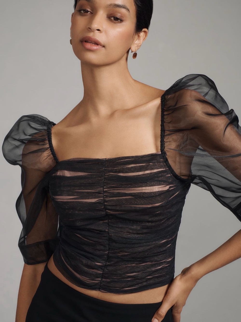 Anthropologie Maeve Puff-Sleeve Embellished Black Crop Tulle Top